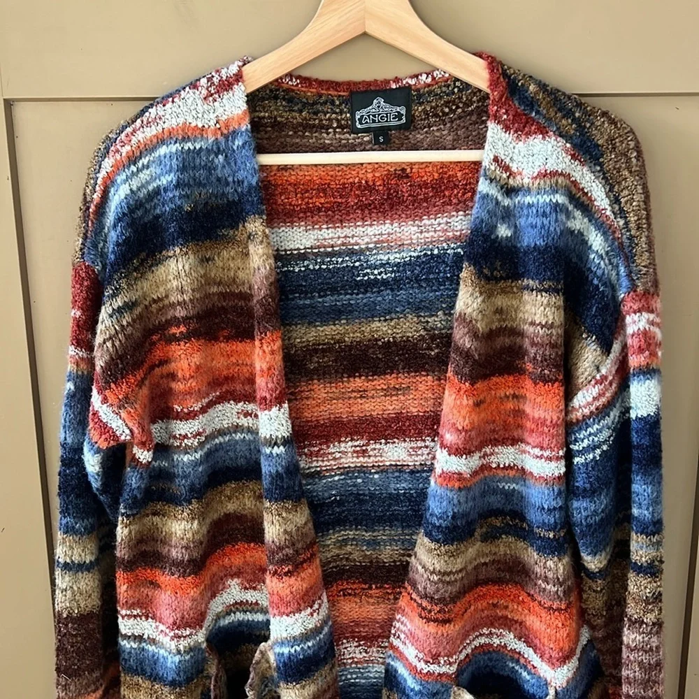 Angie Sz S Southwestern Color Way Wool Blend Open Front Long Line Cardigan
